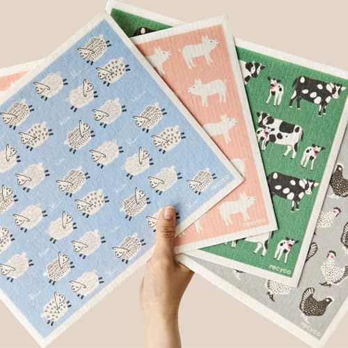 RECYCO Swedish Dishcloths for Kitchen | 4 Pack Oversized Washable Dish Rags | Large Cellulose Reusable Cleaning Paper Towels | Absorbent Counter Dish Cloth Sponge XL Kitchen Wipes, 12" L x 12" W