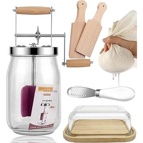 Manual Butter Churn Kit - Wooden Hand - Crank Butter Maker with Glass Jar, Perfect for Fresh Cream, Keto Butter & Sustainable Homesteading (1.5L)