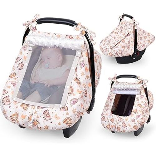 FIOBEE Baby Car Seat Cover, Car Seat Covers for Babies Infant Car Seat Canopy with Breathable Mesh Window Waterproof Carseat Cover for Babies Boy Girl 4 Seasons, Brown Rainbow