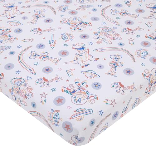 Disney Toy Story Blue, Orange, and White, Woody, Buzz, and Jessie Super Soft Nursery Fitted Mini Crib Sheet