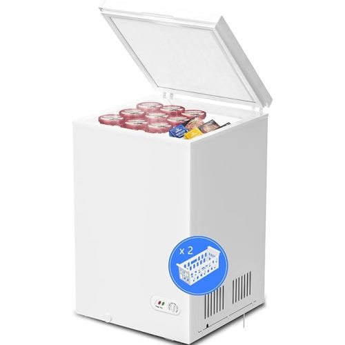 Kismile 3.5 Cubic Feet Chest Freezer with 2 Removable Baskets Free Standing Top Open Door Small Deep Freezer with Adjustable Temperature for Home/Kitchen/Office/Bar (3.5 Cubic Feet, White)