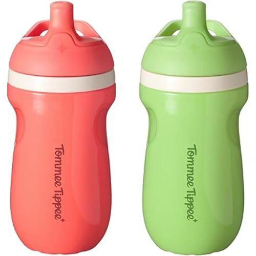 Tommee Tippee Insulated Sporty Bottle, 9oz, No Spill Toddler Water Bottle For 12 months +, Two-Piece Valve Helps Stop Spills, Pack of 2, Green and Red