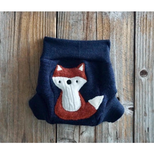 Upcycled Merino Wool Soaker Cover Diaper Cover: Navy Blue Fox Applique Newborn 0-3 Months