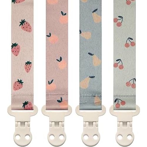Stadela Baby Pacifier Clip Holder - Girl or Boy Unisex 4 Pack Gift Set – Summer Peaches Strawberies Cherries Pears (Fruits)