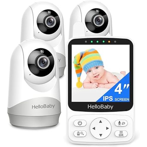 HelloBaby Baby Monitor with 3 Cameras, 4-Inch IPS Screen, PTZ Rotation, Night Vision, Two-Way Talk, VOX Mode, 1000ft Range, No WiFi Needed, Secure FHSS Encryption, for Newborns & Toddlers - Gift Pack