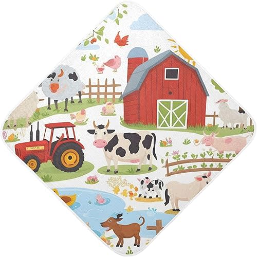 Burbuja Farm Animals Baby Bath Towel - Soft Absorbent Muslin Cotton Hooded Towel for Newborn Infant Toddler, 30x30 in