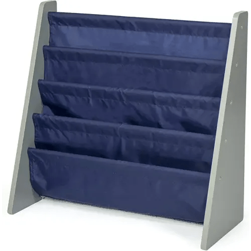 Humble Crew 4-Tier Kids Bookshelf, Grey Wood/Navy - Premium Book Shelf for Kids Rooms with Four Deep Pockets - Toddler Sling Book Rack with Deep Sleeves, Nursery Bookcase Organizer