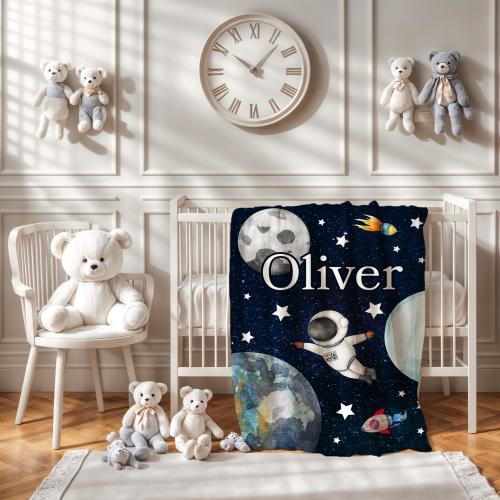 Personalized space Baby Blanket | Galaxy Nursery Theme | Blue Baby Blanket | Baby Boy Astronaut in space Crib Blanket | Baby Boy Gift