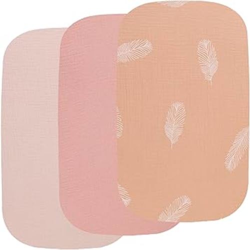 Onacosht Muslin Bassinet Sheets 3 Pack, 100% Cotton Baby Fitted Sheet 33" x 19" Compatible with Mika Micky, KoolaBaby (3 in 1), BabyBond, HARPPA and RICUTON Bedside Bassinet, Solid Pink and Feather