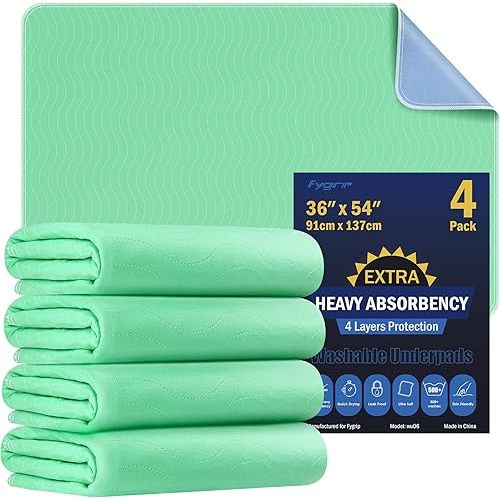 4 Pack 36” x 54” Extra Heavy Absorbency Washable Underpads, Waterproof Nursing Pads Incontinence Bed Pads, Reusable Washable Pee Pads for Dogs, Diaper Changing & Adults, Mattress Protector