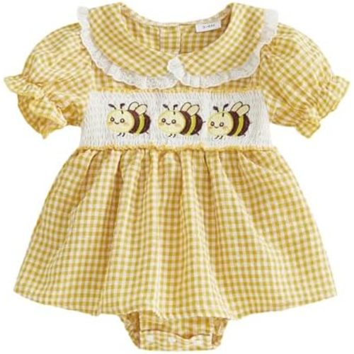 Sasaerucure Summer Baby Girl Clothes Plaid Peter Pan Collared Short Sleeve Romper Dress Bow Embroidery Bodysuit Tops