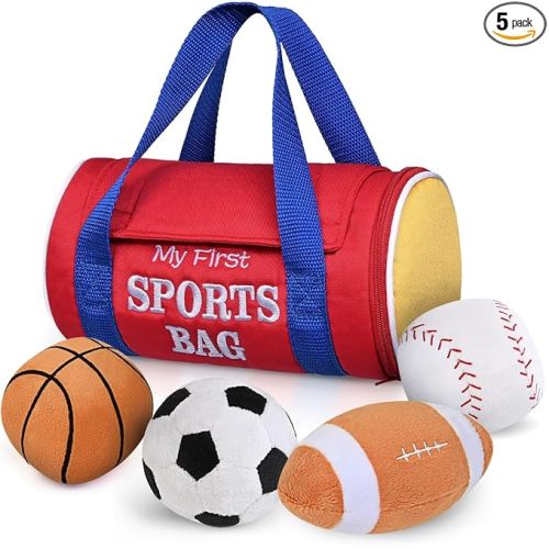 KMUYSL Baby Toys 0-12 Months, My First Sports Bag Plush Toy - 4 Sensory Balls Soft Toys with Crinkle, Rattles for 0-3-6-9-12 Month Newborn Infant, 1st Birthday for Babies Boys Girls Age 1