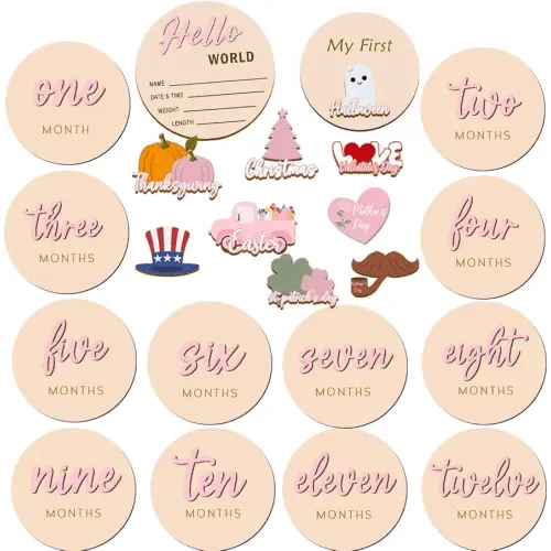 Monthly Baby Milestone Maker Discs, Baby Milestone Signs for Newborn Baby, Hello World Newborn Sign for Baby Girl & Boy, Baby Announcement Sign for 1-12 Month, Milestone Wooden Circles (Pink)