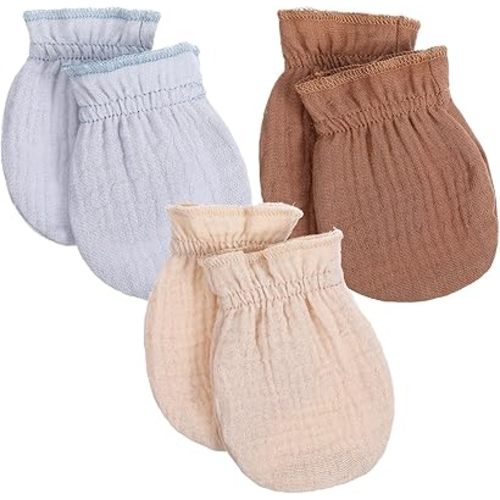 Muslin Mittens No Scratch, 3 Pairs 100% Cotton Mitts Soft Breathable Gloves, Elastic Wrist Organic Clothes, First Time Mom Essentials Registry Must Haves