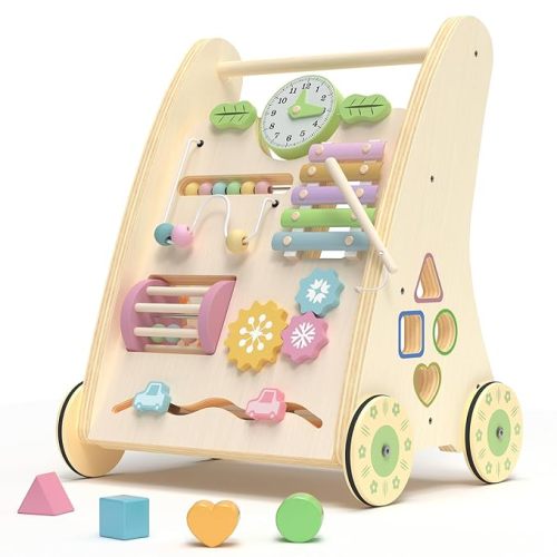Wooden Baby Walker,Adjustable Speed Push Walker with Wheels and Learning Activity Center,Montessori Walker for Babies 12 Months,Baby Walker Push Toys for Baby Boys and Girls Gifts (Natural)