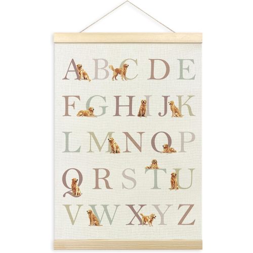 TLESKE Golden Retriever Alphabet ABC Chart Poster Hanger Frame, Homeschool Preschool Hanging Wall Art Decor for Golden Retriever Lover Kid Room Nursery Playroom, Dog ABC Picture 12x16