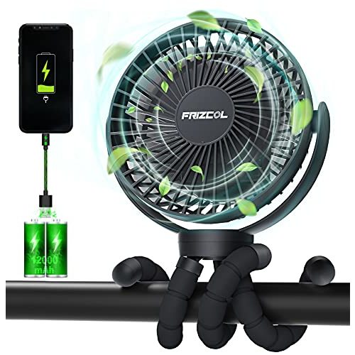 FRIZCOL Portable Stroller Fan, Use As Power Bank, 65H 12000mAh Battery Operated Fan Flexible Tripod Baby Car Seat Fans with Timming, Personal Mini Handheld/Desk/Small Clip On Fans For Stroller