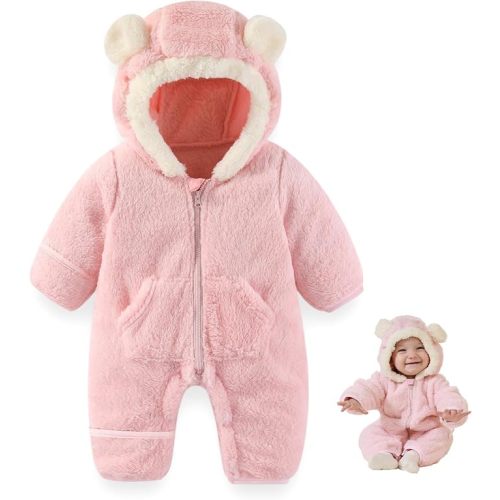 Newborn Baby Bear Outfit Suit With Fold-Over Mittens Footies Girls Boys Winter Fleece Clothes Hooded Romper Snowsuit