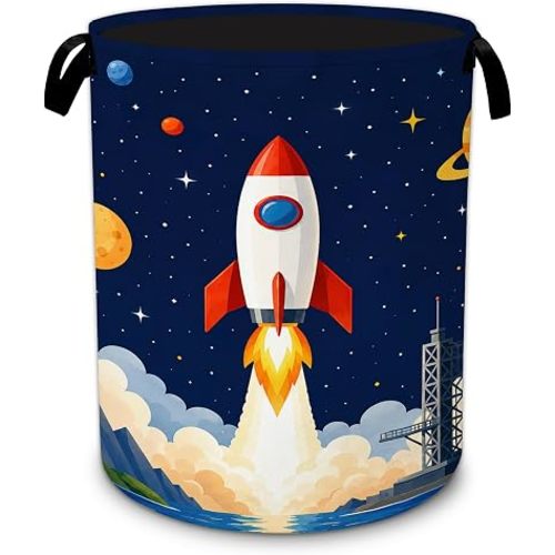 Cartoon Rocket Laundry Basket for Kids Room,Space Planets Foldable Oxford Hamper with Handles, Portable Clothes and Toy Storage Bucket Organizer for Bedroom Bathroom Dorm Laundry Room Decor
