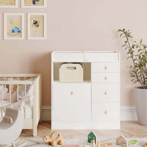 Famapy White Changing Table Leather Pull-Outs Large Worktop More Storage Space