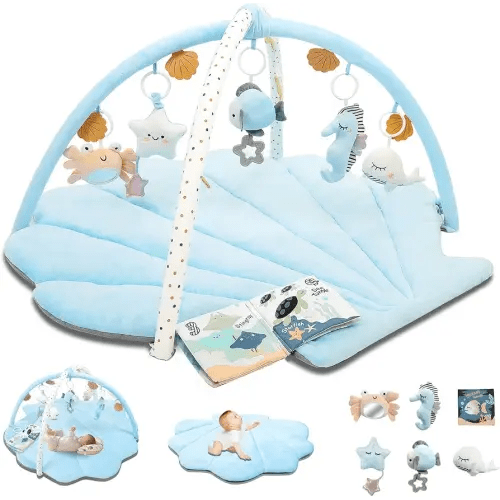 Baby Play Gym Mat, Oversize Tummy Time Activity Mat for Babies 0-6 Months, Shells Shaped Baby Play Mat with 6 Detachable Toys, Baby Mat for Floor Sensory Exploration Motor Skill Development (Blue)