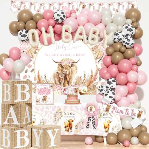 Highland Cow Baby Shower Decorations, Baby Box with Letters, Holy Cow we are having a baby Backdrop, Boho Floral Pink Balloon Garland