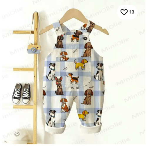 WOOF! Baby Toddler Dog Print Blue Checkered Overalls
