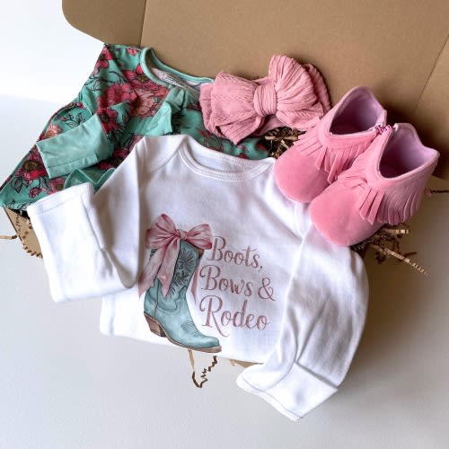 Baby Western Outfit Gift Set Cowgirl Boots Pink Bow Baby Girl Rodeo Clothing Gift Box Shower Present Bundle Set Cotton Sleeper Western Style