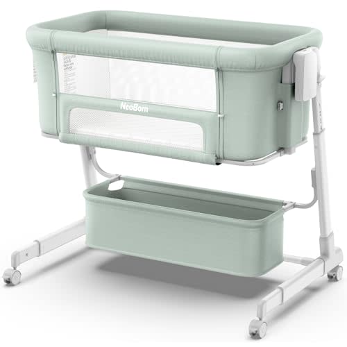 NeoBorn 4 in 1 Baby Bassinet, Bedside Bassinet with Breathable Mesh Design, 7 Height Adjustable Rocking Bassinet, Crib with Comfy Mattress and Wheels for Newborns, Green
