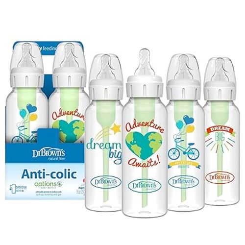 Dr. Brown's Natural Flow Anti-Colic Options+ Narrow Baby Bottle, 8 oz/250 mL, with Level 1 Slow Flow Nipples, 0m+, 4 Pack