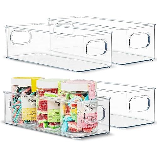 Plastic Food Storage 4 Pack Clear Container Bin with Handles for Organizing Kitchen, Pantry, Fridge, Freezer, Pantry,Bathroom. 10"x4"3"