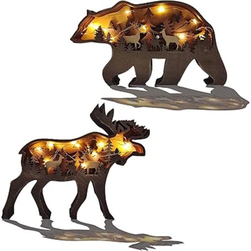 Thungeek 3D Wooden Wall Art Decor Lighted DIY LED Shelf Decorations, Hunting Forest Decor Cabin Clearance for Home & Office, Deer Statues Figurine Animals Shaped Collection Wildlife Gift (2PCS)