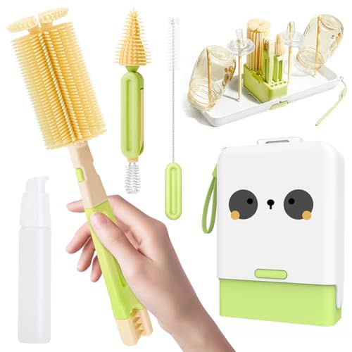 Trustnice Bottle Brush Set, Baby Travel Essential-8 in 1 Travel Bottle Cleaner Kit with Silicone Brush, Drying Rack, Nipple Brush, Straw Brush, Soap Dispenser & Organizer Case, Ideal Gifts for Moms
