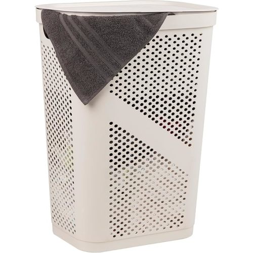 Mind Reader 60L Slim Laundry Hamper, Clothes Basket, Lid, Ventilated, Plastic, 17.25"L x 13.75"W x 23.5"H, Ivory