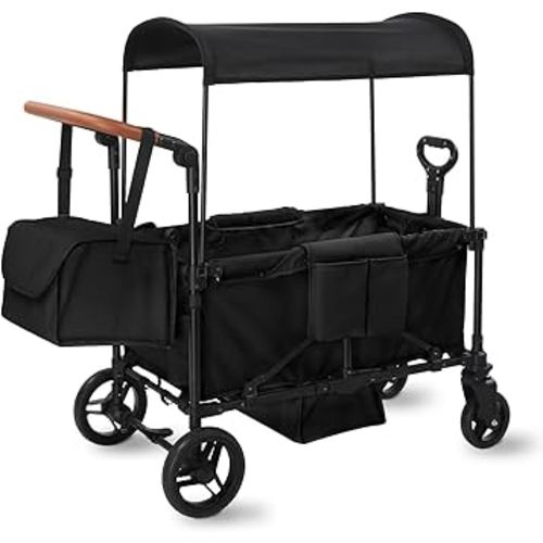 Wagon Stroller for 2 Kids, 3 in 1 Push and Pull Foldable Wagon with Footwell, All-Terrian Wheels, Includes Adjustable Canopy, Ample Organizer, 5 Point Harness