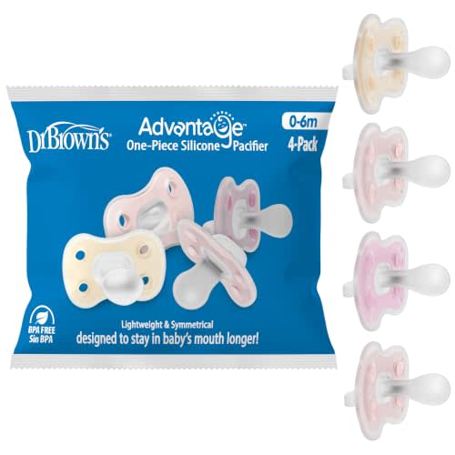 Dr. Brown's Advantage One-Piece Pacifier 0-6m, Ecru/Light-Pink/Pink, 4-Pack | Pack of 4, Fully Symmetrical Silicone Baby Soothers, BPA-Free, Stage 1