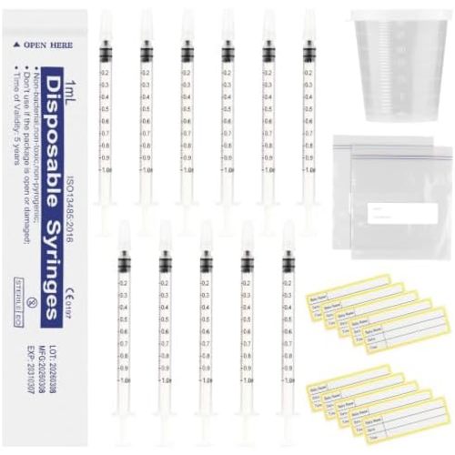 20 Sets 1ml Colostrum Syringes with Caps No Needle Colostrum Collector Kit Include 20pcs 1ml Sterile Syringes, 20 Labels, 2 Storage Bags and 1 Measuring Cup