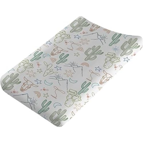 Boho Western Cow Skull Cactus Rainbow Baby Changing Pad Covers Boy Girl 32''x16'' Western Cowboy Cactus Mountain Moon Stars Fitted Diaper Change Table Mats Soft Breathable Cradle & Bassinet Sheets