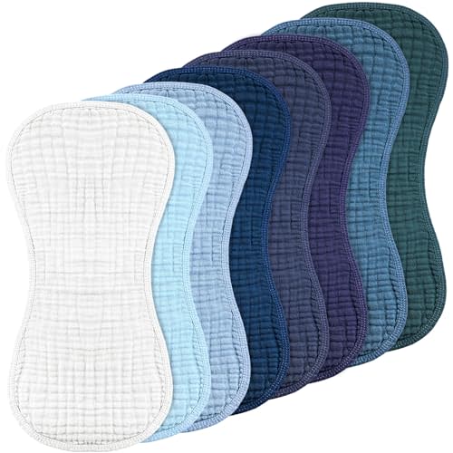 Frienda 8 Pieces Muslin Burp Cloths for Baby Cotton Burp Cloth 10 x 20 Inches Multi Colors Muslin Washcloths Diapers 4 Absorbent Layers Newborn Face Towels for Baby Boy Girl Unisex (Blue Series)