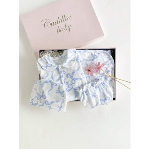 4pcs Newborn Baby Outfit Set, Cute Bow Print Peter Pan Collar Long Sleeve Footie Jumpsuit, Baby Swaddle Blanket, Hat And Mittens, Home Wear Fall Winter | SHEIN USA