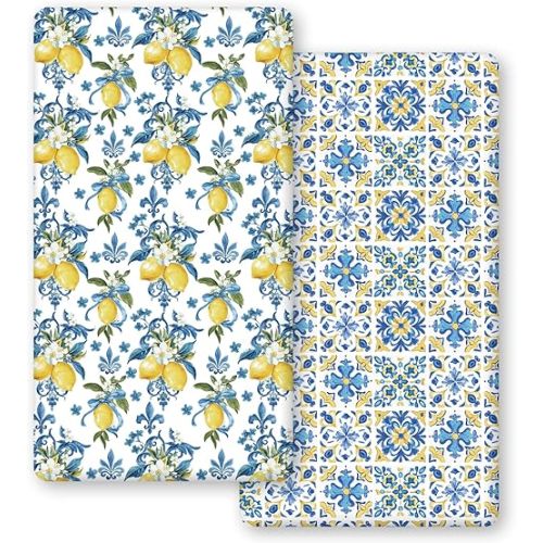 Horaldaily 2 Pack Fitted Crib Sheet for Boys Girls,Soft Breathable Washable Jersey Microfiber Baby Crib Sheet, Fits Standard Size Crib Mattress 28in x 52in, Lemons Floral Nursery Sheet Blue/Yellow