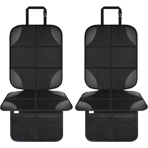 Car Seat Protector for Child Car Seat, Car Seat Cover with Leather and Thick Padding, Non-Slip Padded Backing with Mesh Pockets, 2 Pack 600D Fabric Waterproof Seat Protector Under Baby Car Seat