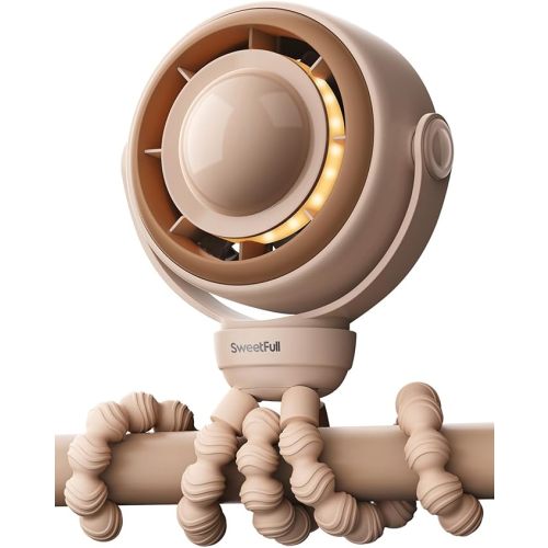 SWEETFULL Portable Pram Fan, 4 Speed Baby Stroller Fan, 360° Rotate Clip on Fan with LED Display & Night Light, 4000mAh Rechargeable Quiet Mini Safe Fan for Desk, Car Seat, Hand, Travel, Brown