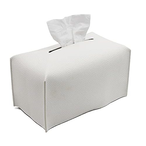 Livelab Tissue Box Cover, Modern Decorative PU Leather Rectangular Tissue Box Case Organizer Holder for Vanity Countertop, Night Stands, Livingroom, Office Desk & Car 9.5X5X5'' | Off White