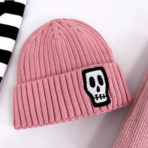 Kids Knitted Dusty Pink Cotton Beanie with Skull Logo - Not So Basic Basics – Skeletots