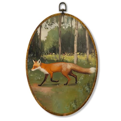Hiuwevt Rustic Forest Fox Oval Wall Art Decor, Nature Woodland Fox Framed Canvas Prints, Mild Wildflower Grass Wild Animal Oval Wall Hanging Decor for Home Bedroom Decorations, 8.6x11.4 Inches