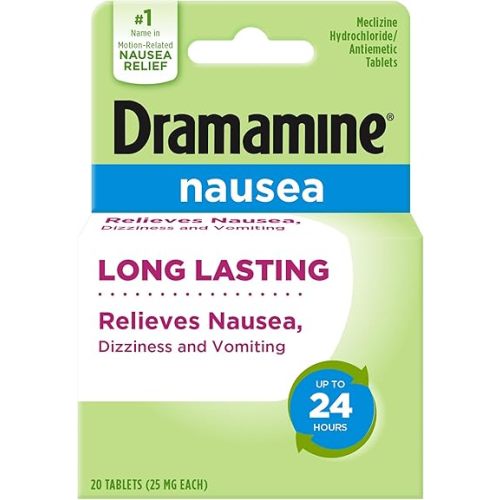 Dramamine Nausea Relief, with Meclizine HCl for Long-Lasting Relief of Nausea, Vomiting & Dizziness, 20 Tablets