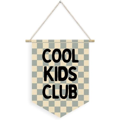 Cool Kids Club Wall Hanging Flag– Checkerboard Linen Pennant Banner for Playroom,Boys Room, Girls Room, Toddler Nursery, Classroom Decor