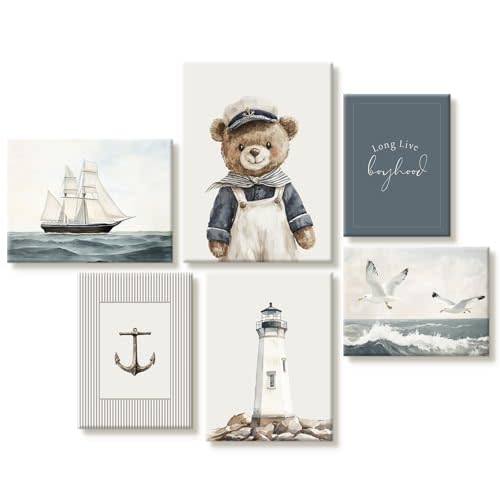 Teddy Bear Nursery Wall Art Baby Boys Room Canvas Poster Vintage Nursery Wall Decor Kids Room Coastal Prints Sailor Bear Pictures Nautical Sailboat Painting Artwork for Bedroom 8x10 Inch Ready to Hang