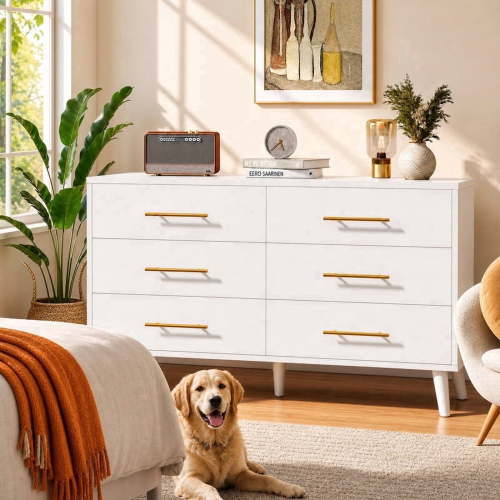 Aiho, White 6-Drawer Dresser, 47.5" W, Large Capacity Storage